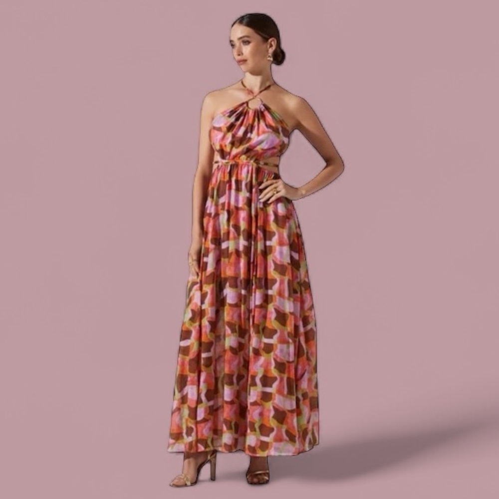 Brand New ASTR The Label Sivana Halter Maxi‎ Dress in Red Brown Multi Size Large